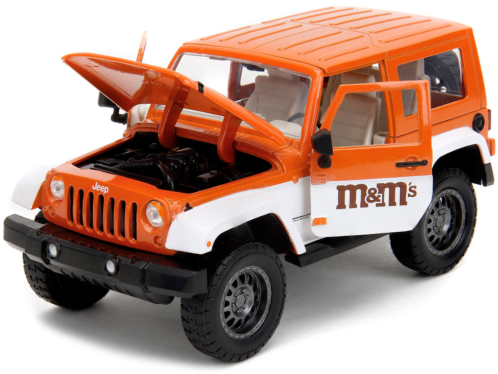 2017 Jeep Wrangler Orange Metallic and White and Orange M&M Diecast Figure "M&M's" "Hollywood Rides" Series 1/24 Diecast Model Car by Jada Jada