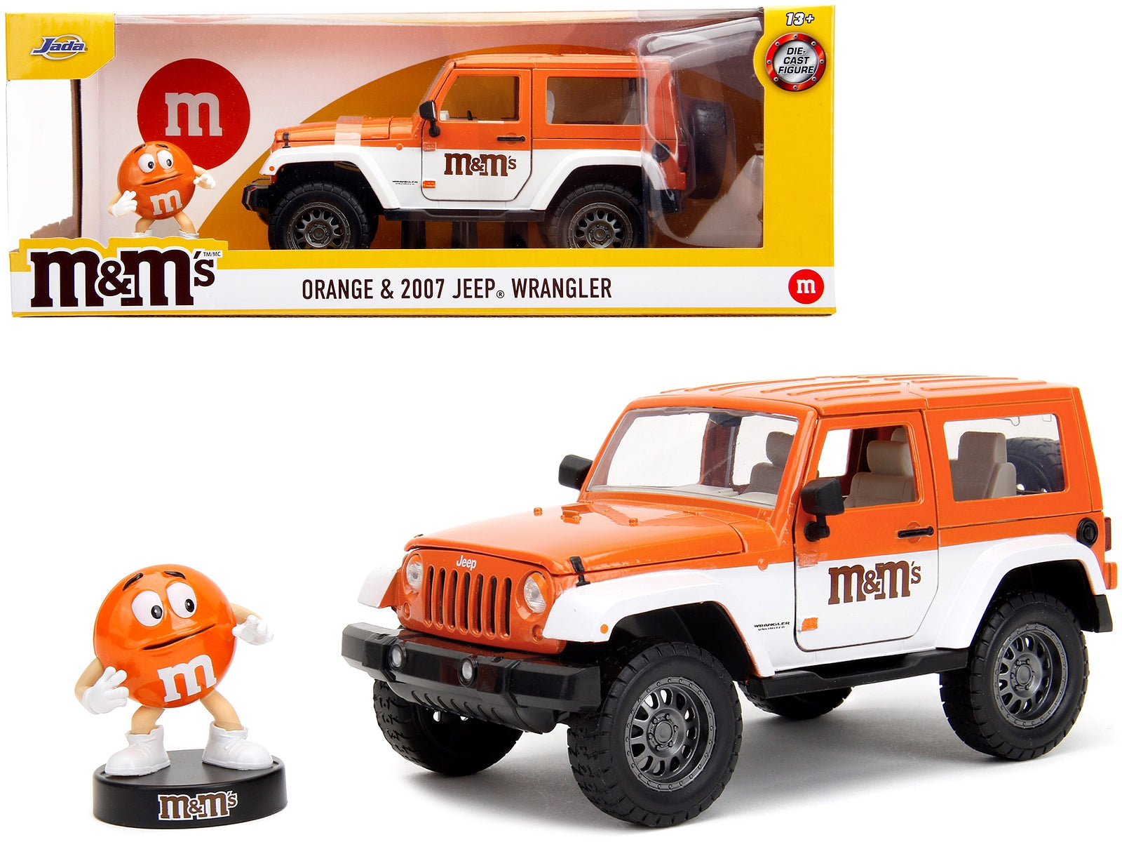 2017 Jeep Wrangler Orange Metallic and White and Orange M&M Diecast Figure "M&M's" "Hollywood Rides" Series 1/24 Diecast Model Car by Jada Jada