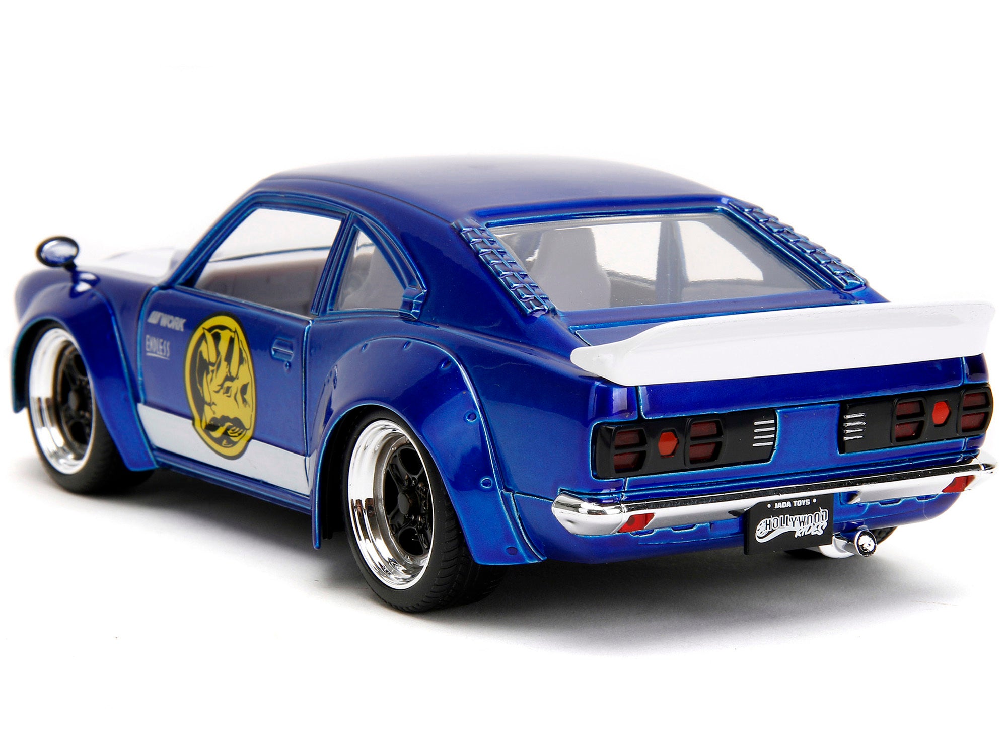 1974 Mazda RX-3 Candy Blue with White Interior and Graphics and Blue Ranger Diecast Figure "Power Rangers" "Hollywood Rides" Series 1/24 Diecast Model Car by Jada Jada