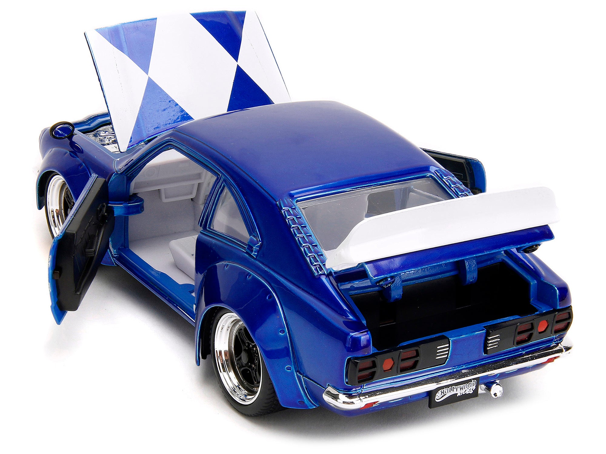 1974 Mazda RX-3 Candy Blue with White Interior and Graphics and Blue Ranger Diecast Figure "Power Rangers" "Hollywood Rides" Series 1/24 Diecast Model Car by Jada Jada