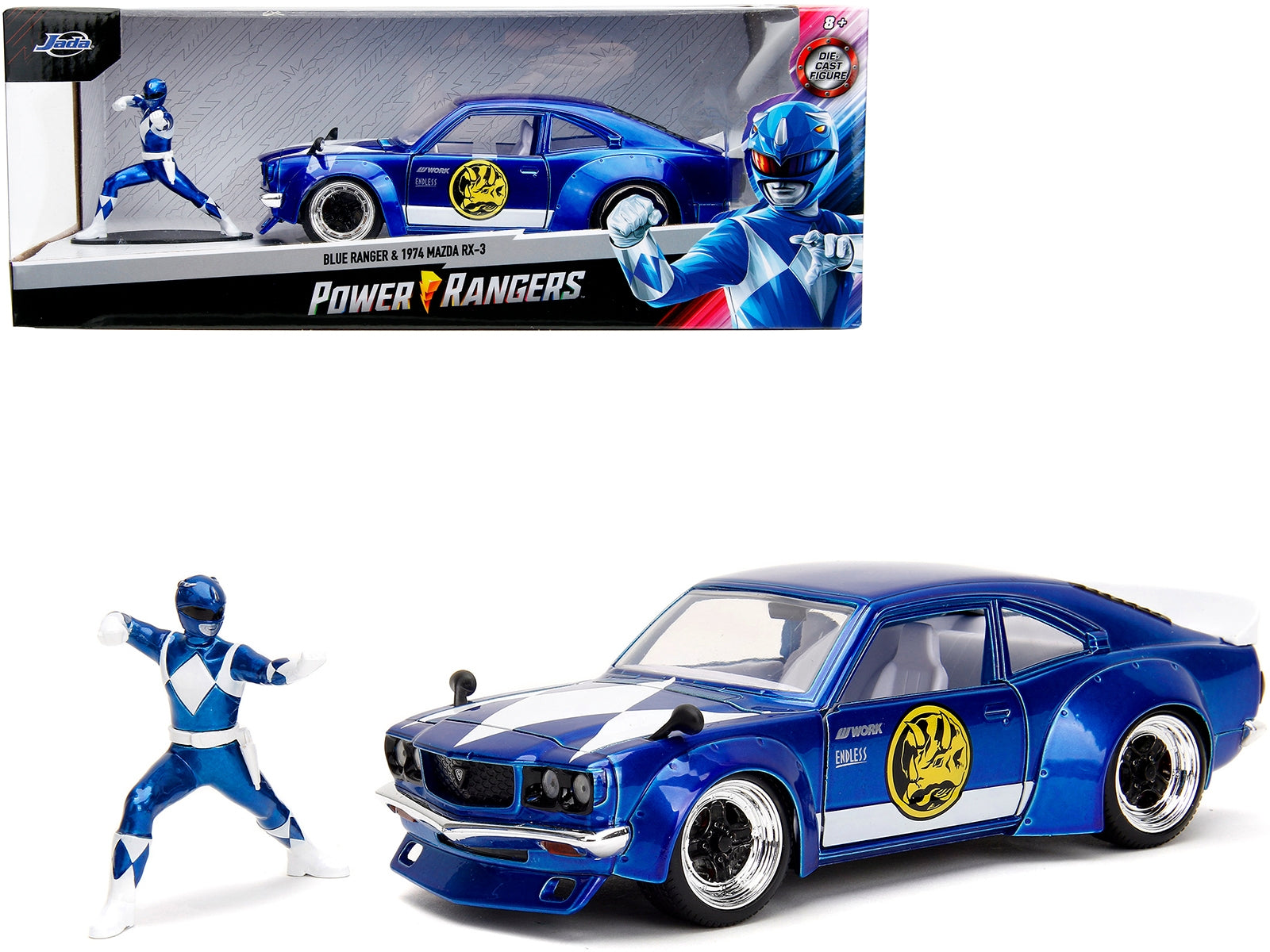 1974 Mazda RX-3 Candy Blue with White Interior and Graphics and Blue Ranger Diecast Figure "Power Rangers" "Hollywood Rides" Series 1/24 Diecast Model Car by Jada Jada