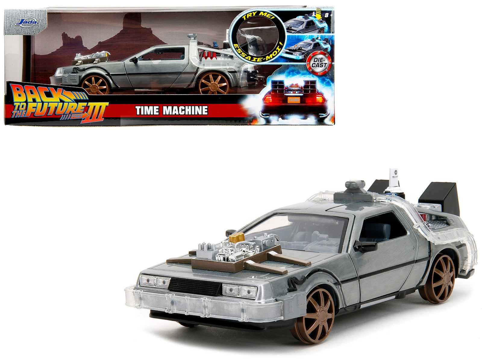 DeLorean Brushed Metal Time Machine (Train Wheel Version) with Lights "Back to the Future Part III" (1990) Movie "Hollywood Rides" Series 1/24 Diecast Model Car by Jada Jada