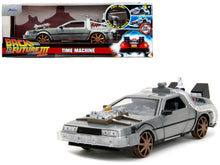 Load image into Gallery viewer, DeLorean Brushed Metal Time Machine (Train Wheel Version) with Lights &quot;Back to the Future Part III&quot; (1990) Movie &quot;Hollywood Rides&quot; Series 1/24 Diecast Model Car by Jada Jada
