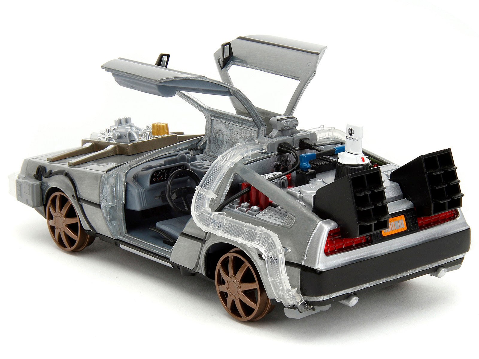 DeLorean Brushed Metal Time Machine (Train Wheel Version) with Lights "Back to the Future Part III" (1990) Movie "Hollywood Rides" Series 1/24 Diecast Model Car by Jada Jada