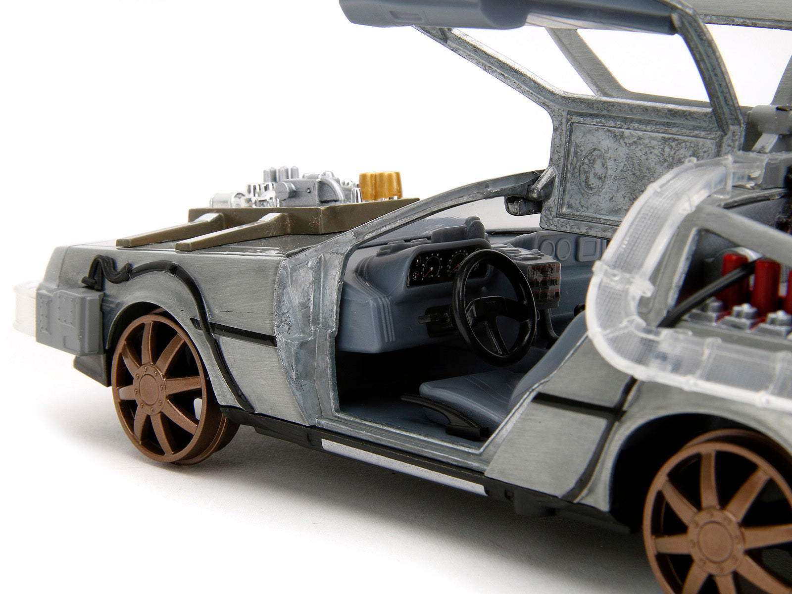 DeLorean Brushed Metal Time Machine (Train Wheel Version) with Lights "Back to the Future Part III" (1990) Movie "Hollywood Rides" Series 1/24 Diecast Model Car by Jada Jada