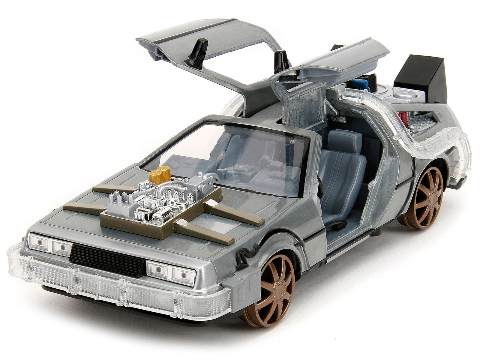 DeLorean Brushed Metal Time Machine (Train Wheel Version) with Lights "Back to the Future Part III" (1990) Movie "Hollywood Rides" Series 1/24 Diecast Model Car by Jada Jada