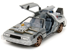 Load image into Gallery viewer, DeLorean Brushed Metal Time Machine (Train Wheel Version) with Lights &quot;Back to the Future Part III&quot; (1990) Movie &quot;Hollywood Rides&quot; Series 1/24 Diecast Model Car by Jada Jada
