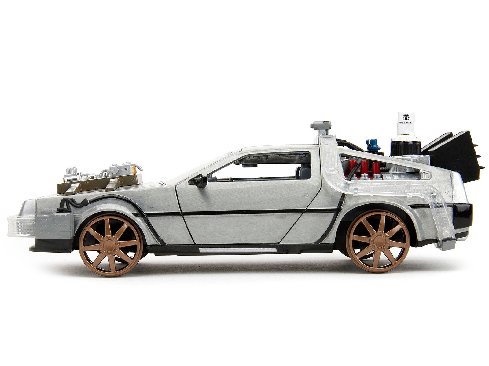 DeLorean Brushed Metal Time Machine (Train Wheel Version) with Lights "Back to the Future Part III" (1990) Movie "Hollywood Rides" Series 1/24 Diecast Model Car by Jada Jada