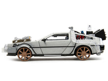 Load image into Gallery viewer, DeLorean Brushed Metal Time Machine (Train Wheel Version) with Lights &quot;Back to the Future Part III&quot; (1990) Movie &quot;Hollywood Rides&quot; Series 1/24 Diecast Model Car by Jada Jada
