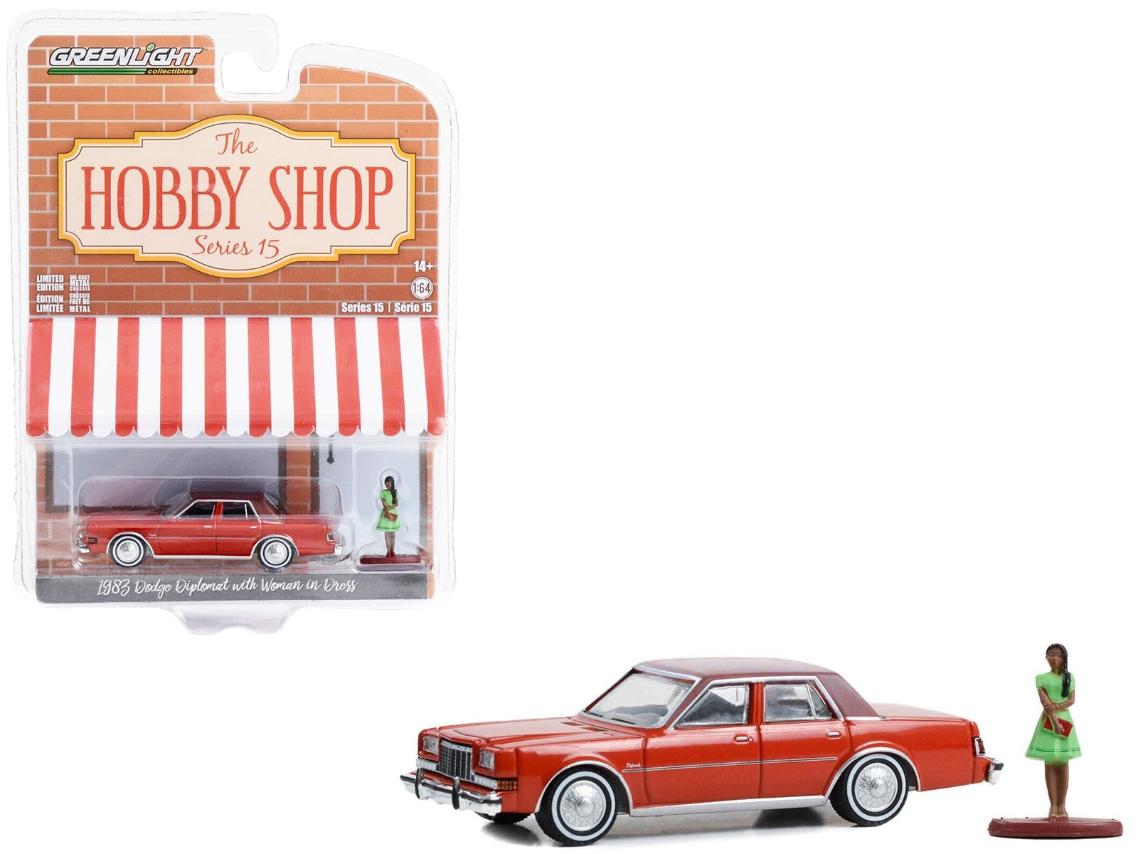 1983 Dodge Diplomat Red with Brown Top and Woman in Dress Figure "The Hobby Shop" Series 15 1/64 Diecast Model Car by Greenlight Greenlight