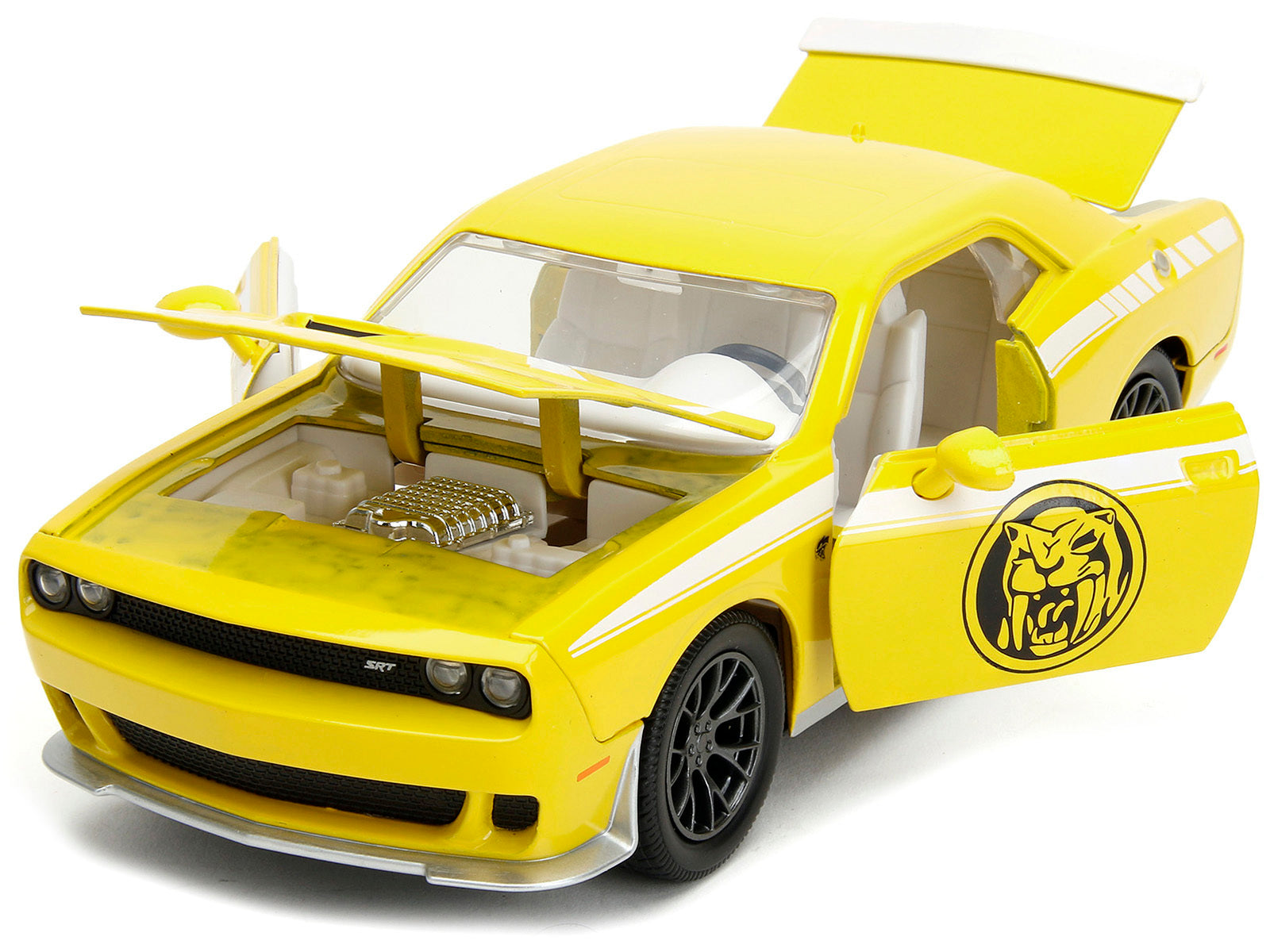 2015 Dodge Challenger SRT Hellcat Yellow with Graphics and Yellow Ranger Diecast Figure "Power Rangers" "Hollywood Rides" Series 1/24 Diecast Model Car by Jada Jada