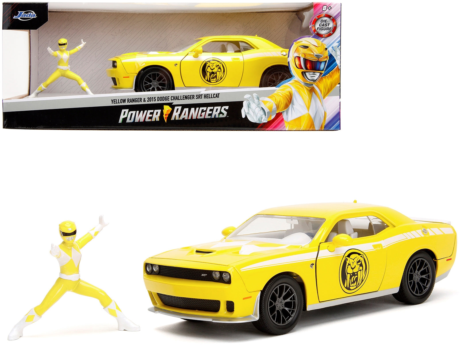 2015 Dodge Challenger SRT Hellcat Yellow with Graphics and Yellow Ranger Diecast Figure "Power Rangers" "Hollywood Rides" Series 1/24 Diecast Model Car by Jada Jada