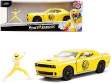 Load image into Gallery viewer, 2015 Dodge Challenger SRT Hellcat Yellow with Graphics and Yellow Ranger Diecast Figure &quot;Power Rangers&quot; &quot;Hollywood Rides&quot; Series 1/24 Diecast Model Car by Jada Jada
