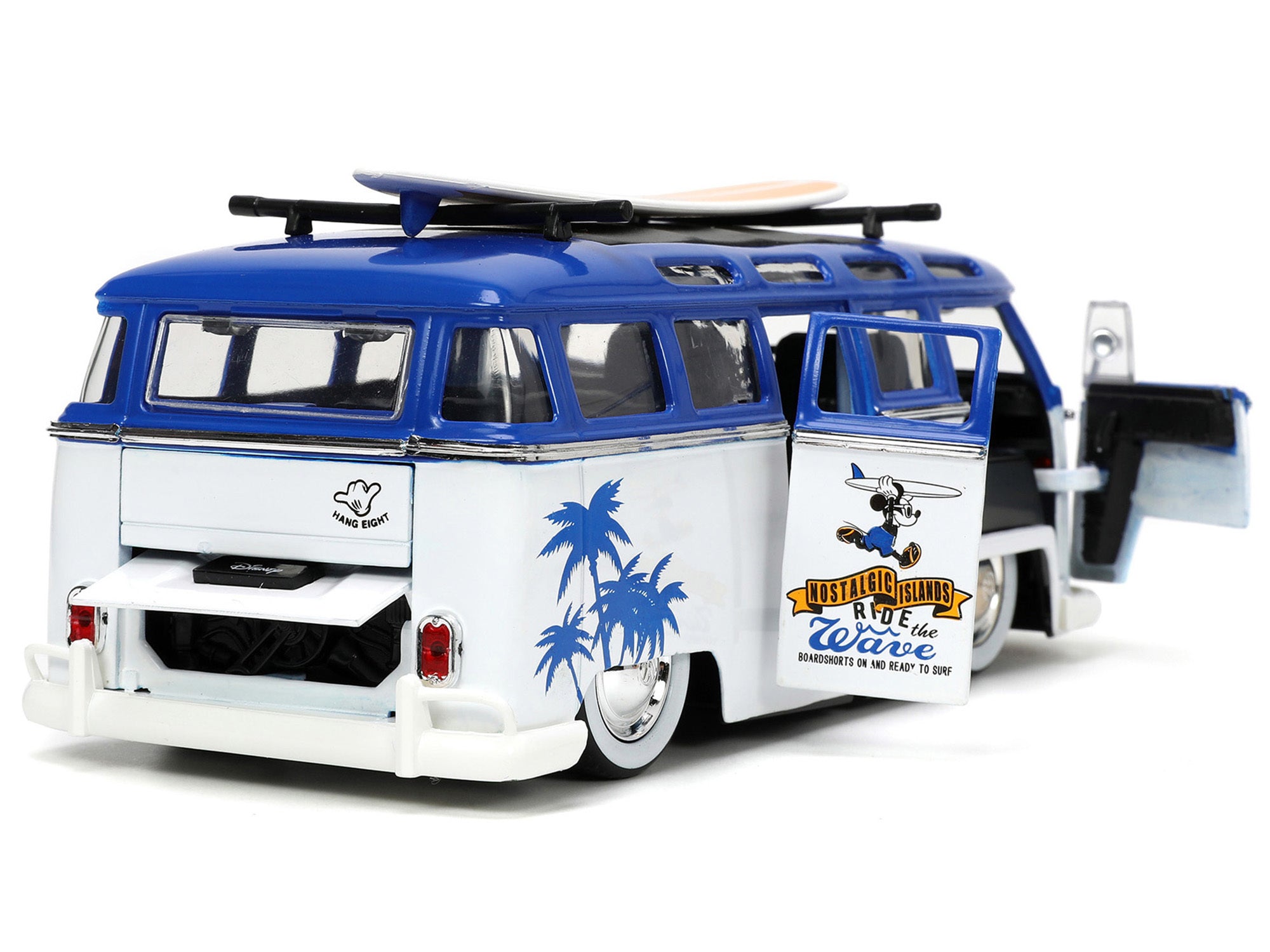 Volkswagen T1 Bus Blue and White with Graphics "Nostalgic Islands Ride the Wave" and Mickey Mouse Diecast Figure and Surfboard "Disney's Mickey and Friends" "Hollywood Rides" Series 1/24 Diecast Model Car by Jada Jada