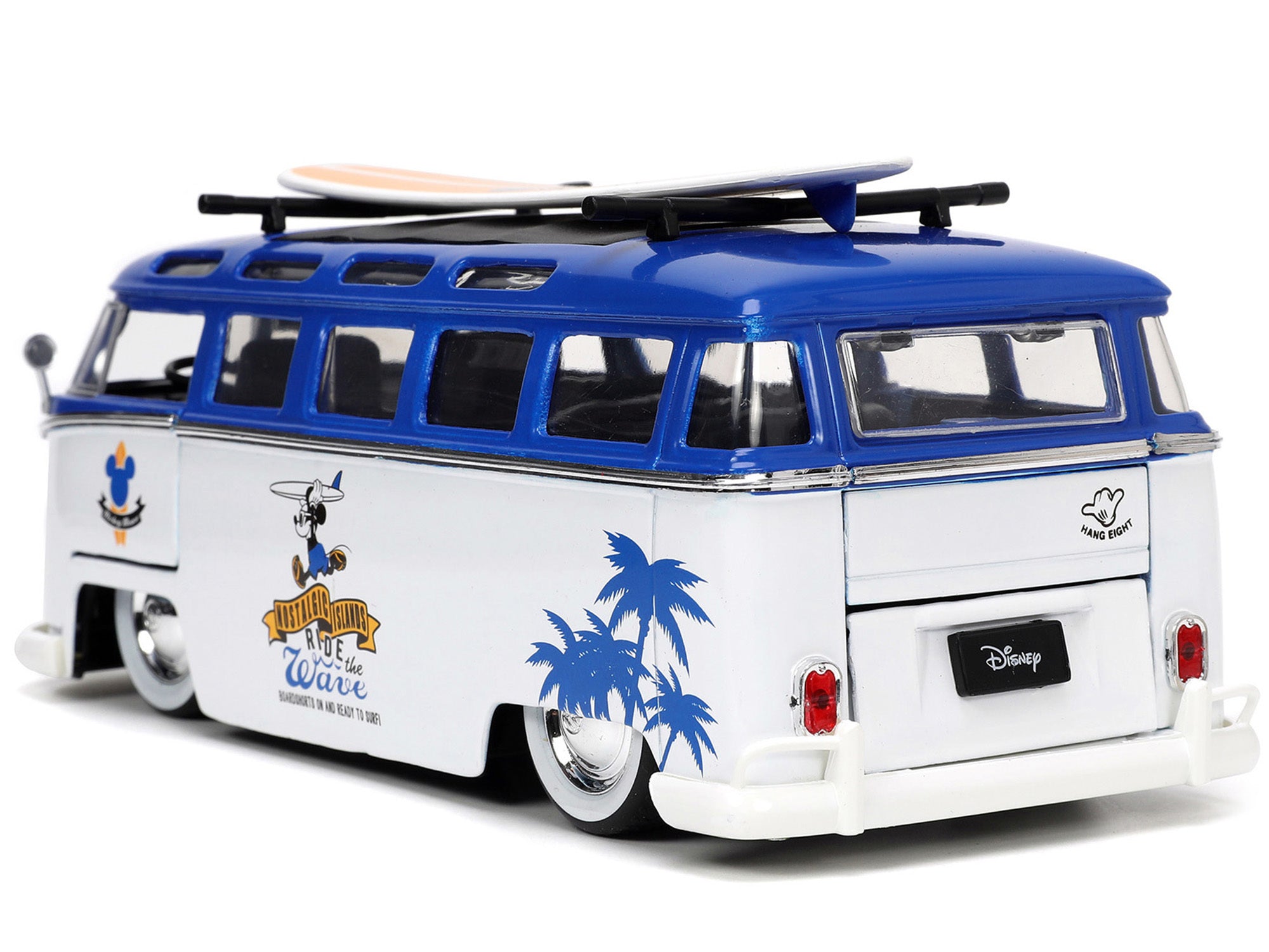 Volkswagen T1 Bus Blue and White with Graphics "Nostalgic Islands Ride the Wave" and Mickey Mouse Diecast Figure and Surfboard "Disney's Mickey and Friends" "Hollywood Rides" Series 1/24 Diecast Model Car by Jada Jada