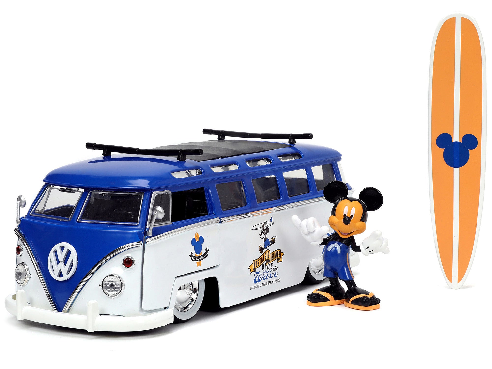 Volkswagen T1 Bus Blue and White with Graphics "Nostalgic Islands Ride the Wave" and Mickey Mouse Diecast Figure and Surfboard "Disney's Mickey and Friends" "Hollywood Rides" Series 1/24 Diecast Model Car by Jada Jada