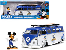 Load image into Gallery viewer, Volkswagen T1 Bus Blue and White with Graphics &quot;Nostalgic Islands Ride the Wave&quot; and Mickey Mouse Diecast Figure and Surfboard &quot;Disney&#39;s Mickey and Friends&quot; &quot;Hollywood Rides&quot; Series 1/24 Diecast Model Car by Jada Jada
