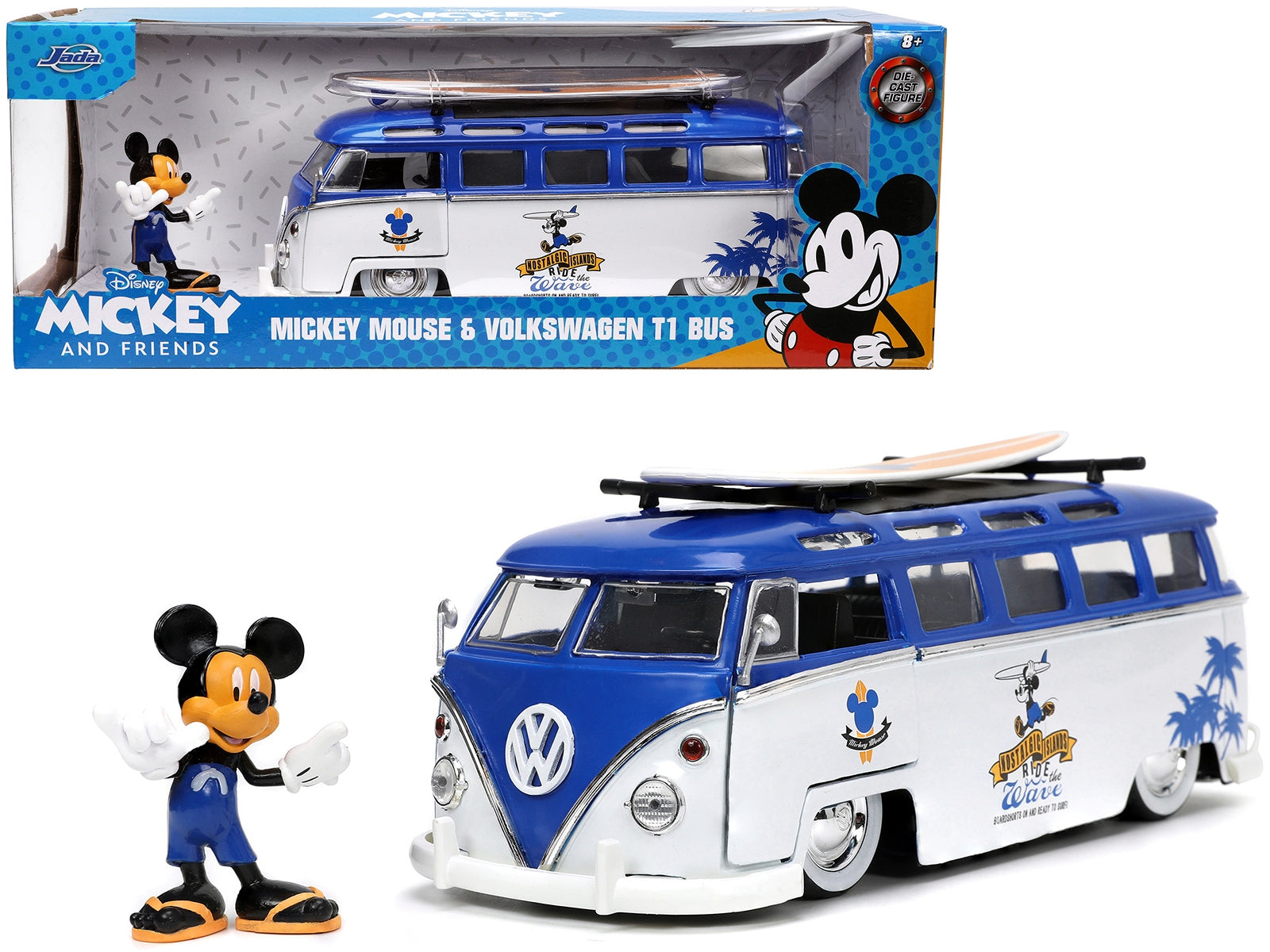 Volkswagen T1 Bus Blue and White with Graphics "Nostalgic Islands Ride the Wave" and Mickey Mouse Diecast Figure and Surfboard "Disney's Mickey and Friends" "Hollywood Rides" Series 1/24 Diecast Model Car by Jada Jada