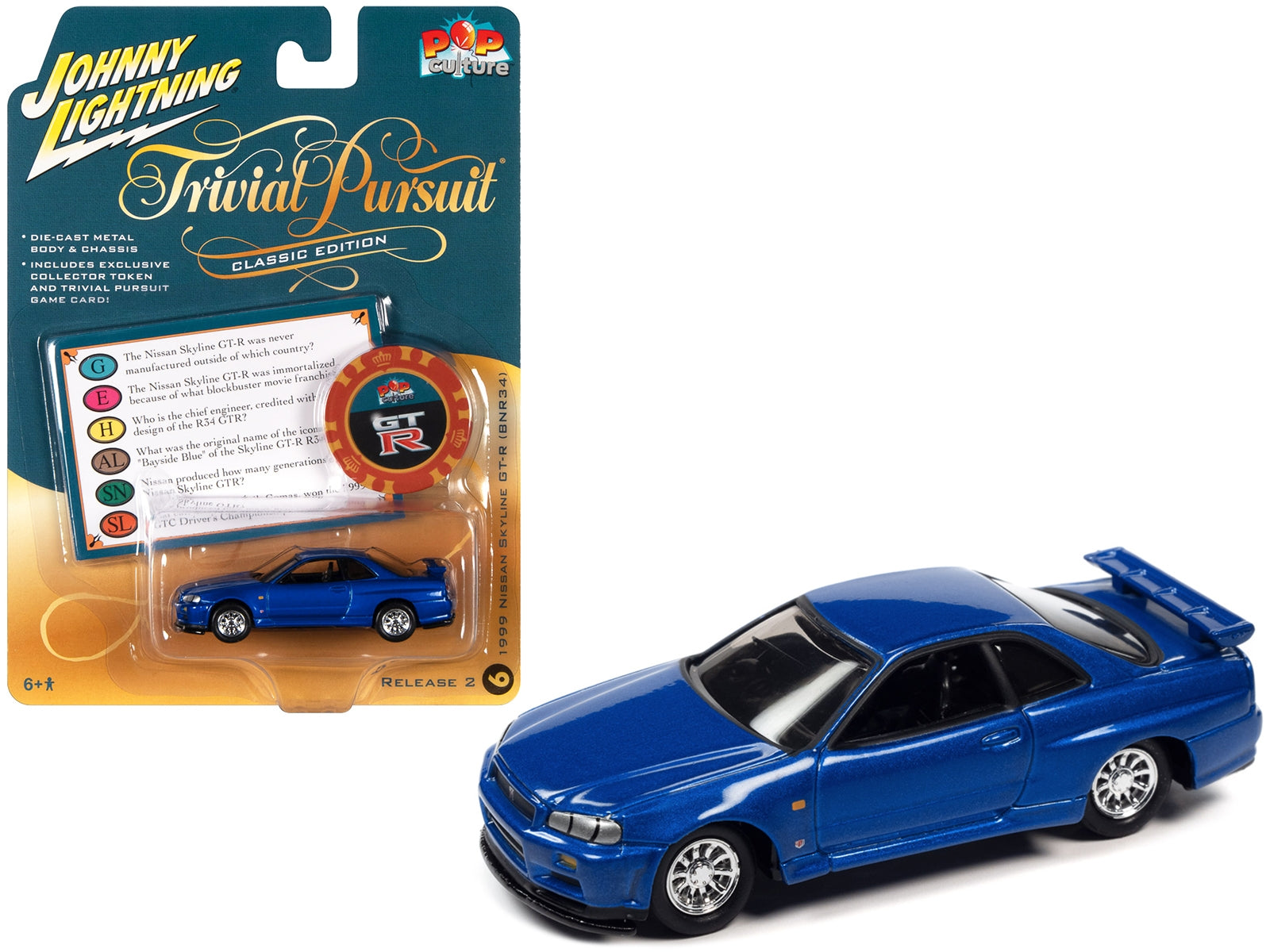 1999 Nissan Skyline GT-R RHD (Right Hand Drive) Blue Metallic with Poker Chip Collector's Token and Game Card "Trivial Pursuit" "Pop Culture" 2022 Release 2 1/64 Diecast Model Car by Johnny Lightning Johnny Lightning