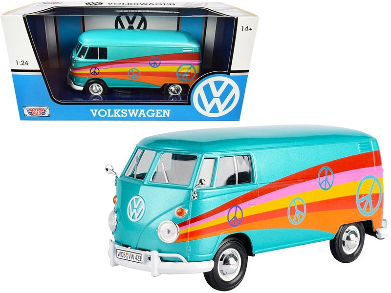 Volkswagen Type 2 (T1) Delivery Van "Peace" Turquoise Metallic 1/24 Diecast Model Car by Motormax Motormax