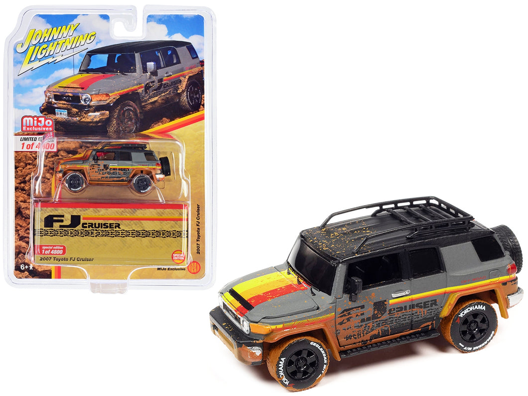 2007 Toyota FJ Cruiser Gray with Stripes (Muddy Version) with Roofrack Limited Edition to 4800 pieces Worldwide 1/64 Diecast Model Car by Johnny Lightning Johnny Lightning