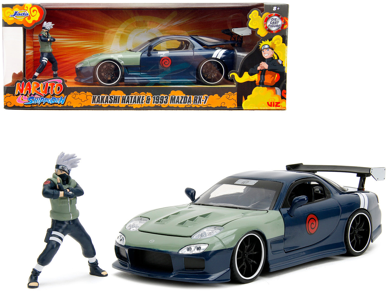 1993 Mazda RX-7 Dark Blue with Green Hood and Kakashi Hatake Diecast Figure "Naruto Shippuden" (2009-2017) TV Series "Anime Hollywood Rides" Series 1/24 Diecast Model Car by Jada Jada