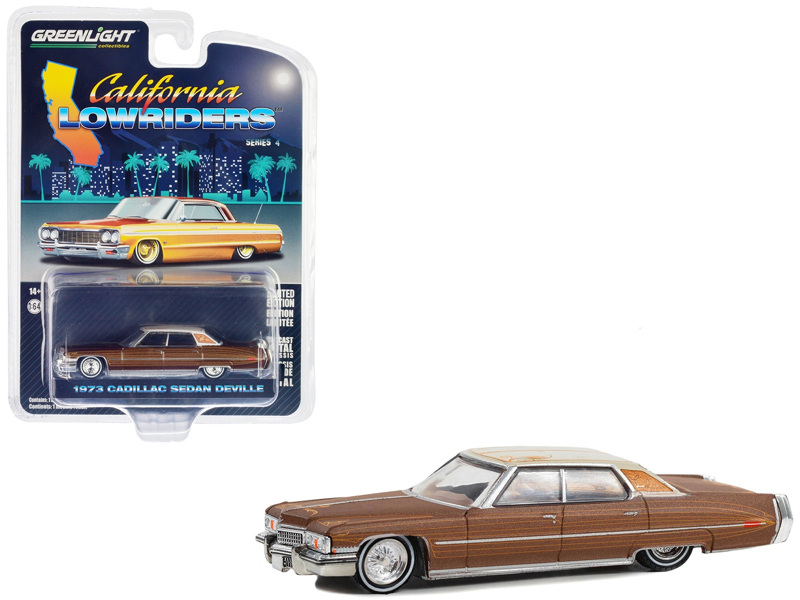 1973 Cadillac Sedan DeVille Dark Brown Metallic with Light Brown Pinstripes and White Top "California Lowriders" Series 4 1/64 Diecast Model Car by Greenlight Greenlight