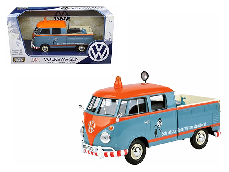 Volkswagen Type 2 (T1) Delivery Service Pickup Truck Blue and Orange "VW-Kundendienst" 1/24 Diecast Model Car by Motormax Motormax