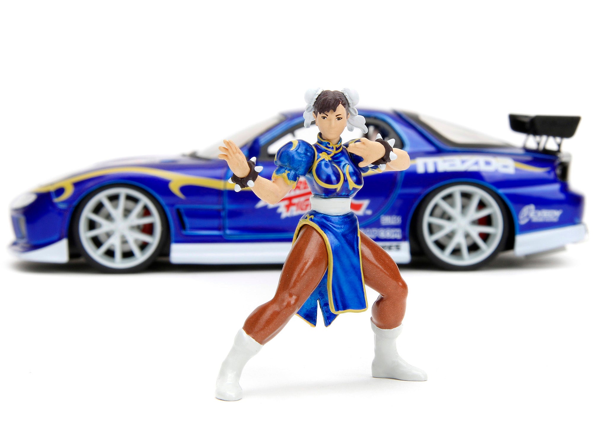 1993 Mazda RX-7 Candy Blue Metallic with Graphics and Chun-Li Diecast Figure "Street Fighter" Video Game "Anime Hollywood Rides" Series 1/24 Diecast Model Car by Jada Jada