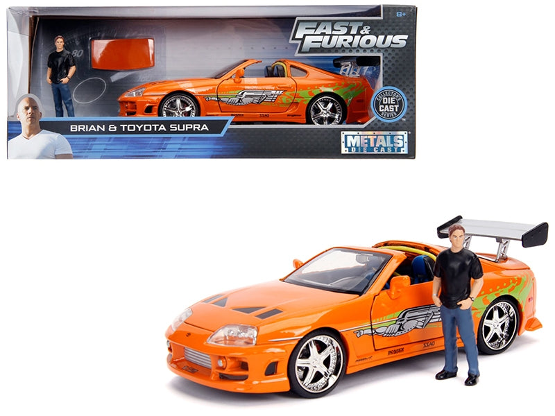 Toyota Supra Orange Metallic with Brian Diecast Figurine "Fast & Furious" Movie 1/24 Diecast Model Car by Jada Jada