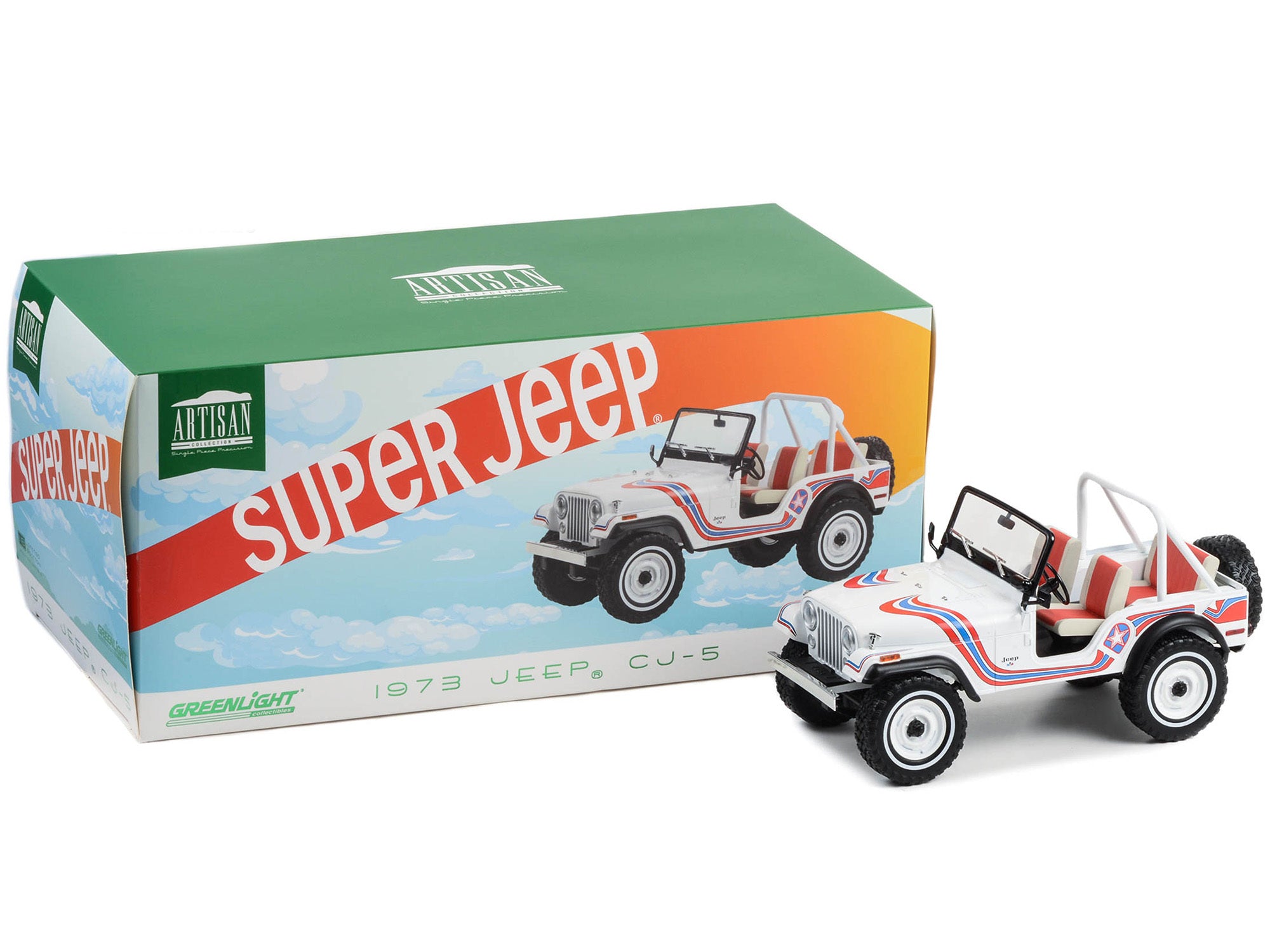 1973 Jeep CJ-5 "Super Jeep" White with Red and Blue Graphics "Artisan Collection" Series 1/18 Diecast Model Car by Greenlight Greenlight