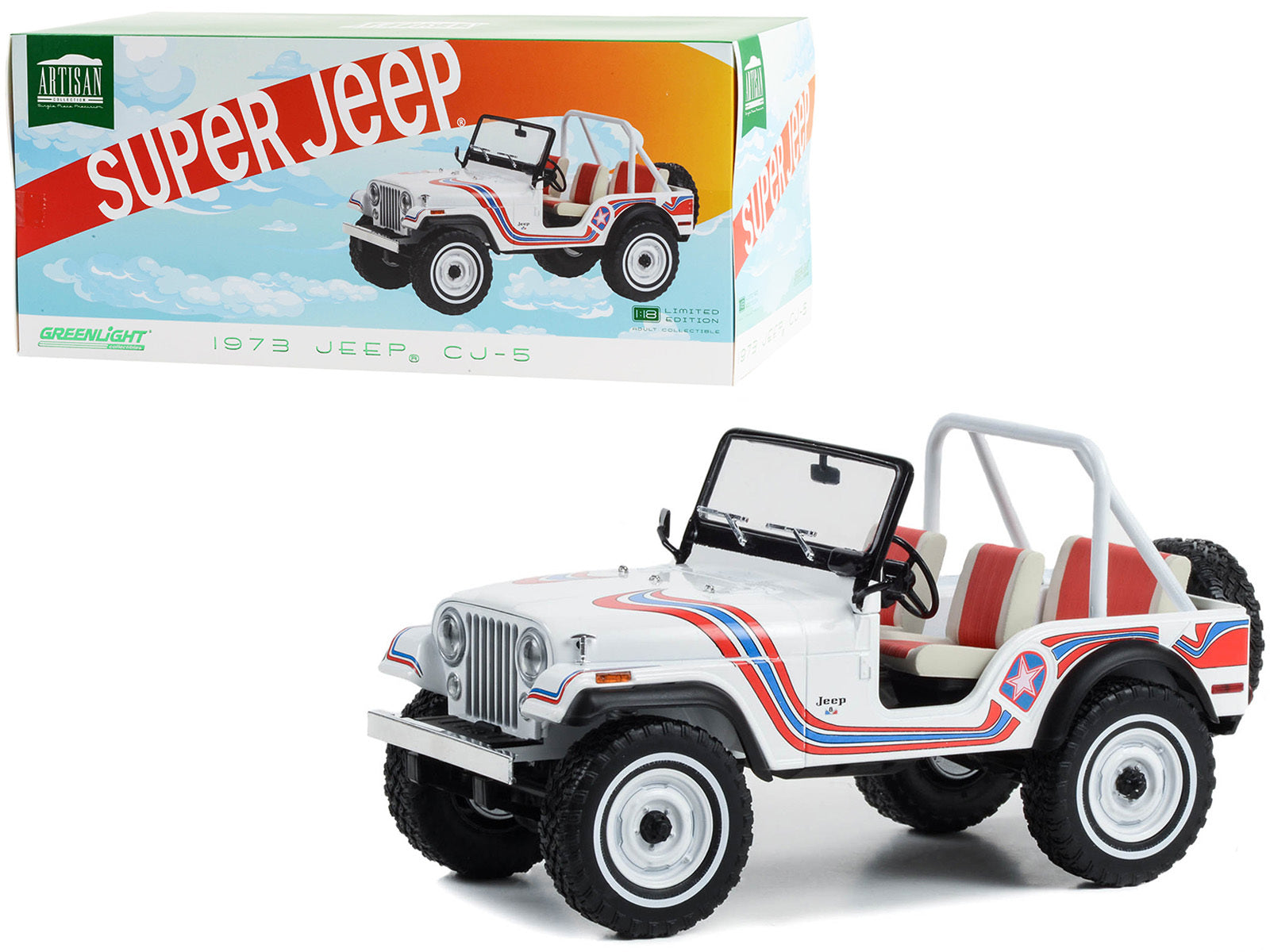 1973 Jeep CJ-5 "Super Jeep" White with Red and Blue Graphics "Artisan Collection" Series 1/18 Diecast Model Car by Greenlight Greenlight