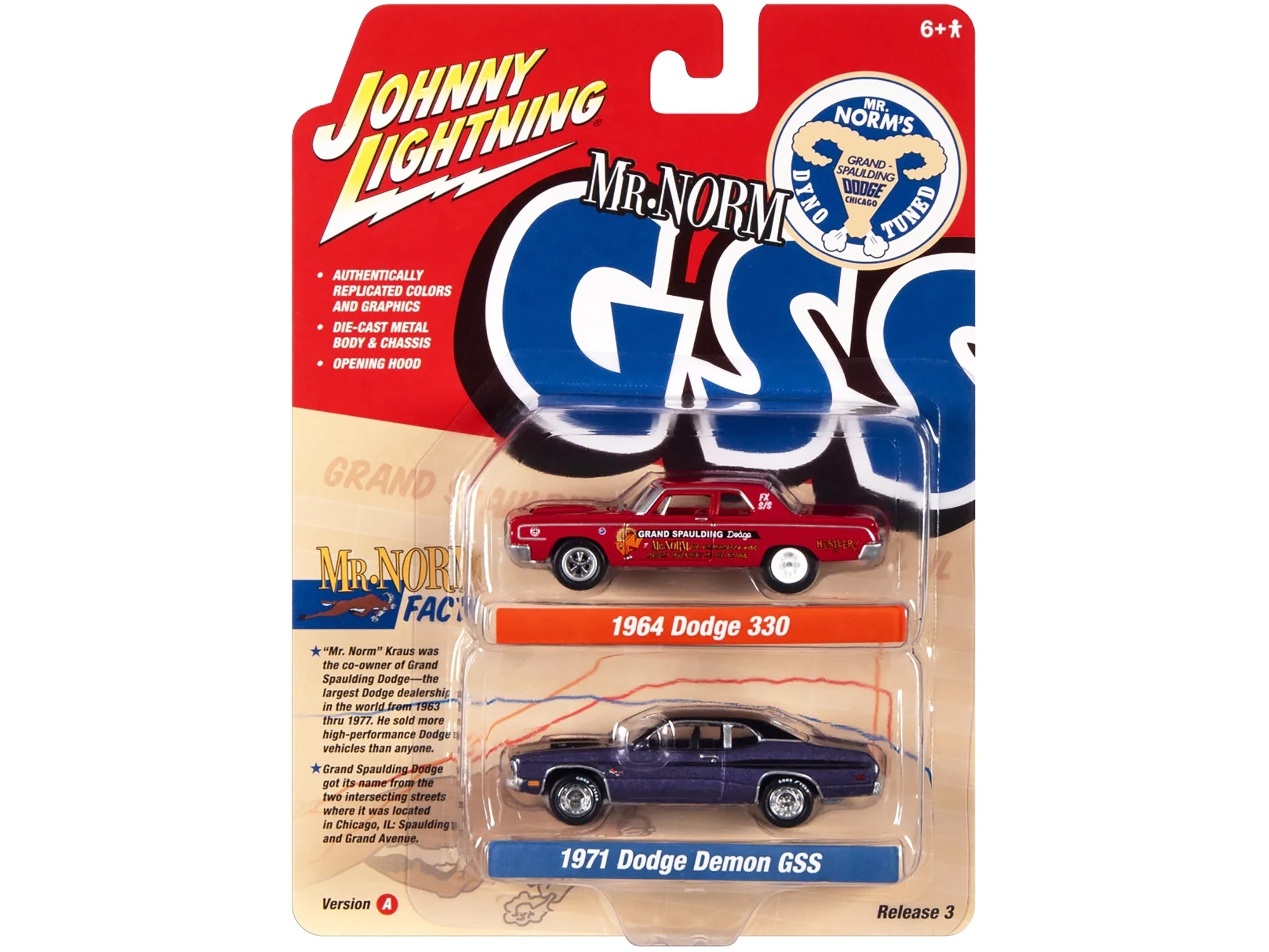 1964 Dodge 330 "Mr. Norm - Grand Spaulding Dodge" Red and 1971 Dodge Demon GSS Plum Crazy with Black Top and Stripes "Mr. Norm GSS" Series Set of 2 Cars 1/64 Diecast Model Cars by Johnny Lightning Johnny Lightning