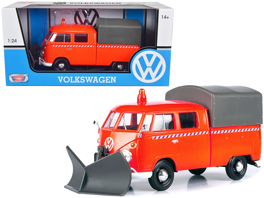 Volkswagen Type 2 (T1) Pickup Truck Orange with Snow Plow and Camper Shell 1/24 Diecast Model Car by Motormax Motormax