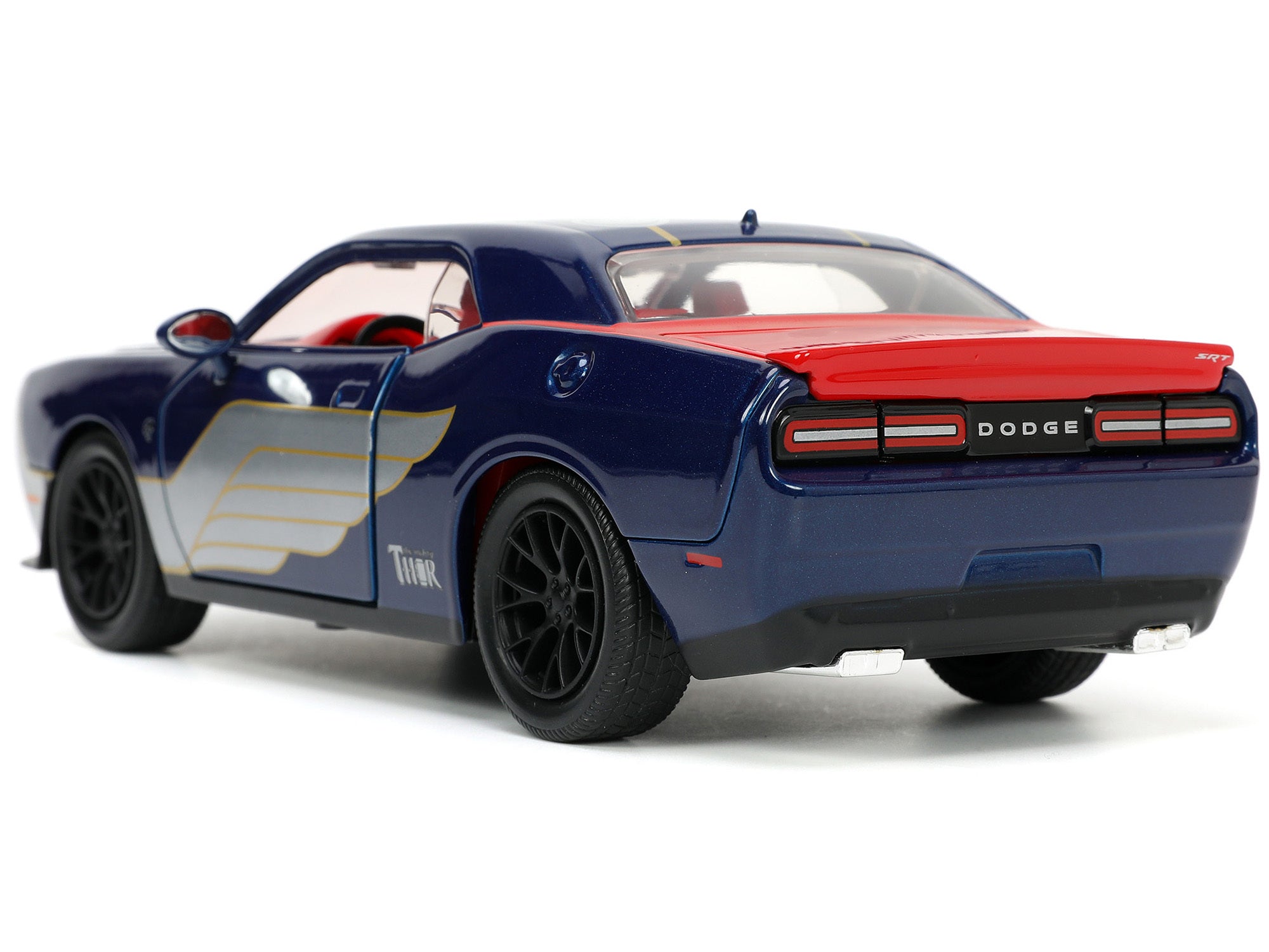 2015 Dodge Challenger SRT Hellcat Dark Blue with Graphics and Red Interior and Thor Diecast Figure "The Mighty Thor" "Marvel" Series 1/24 Diecast Model Car by Jada Jada