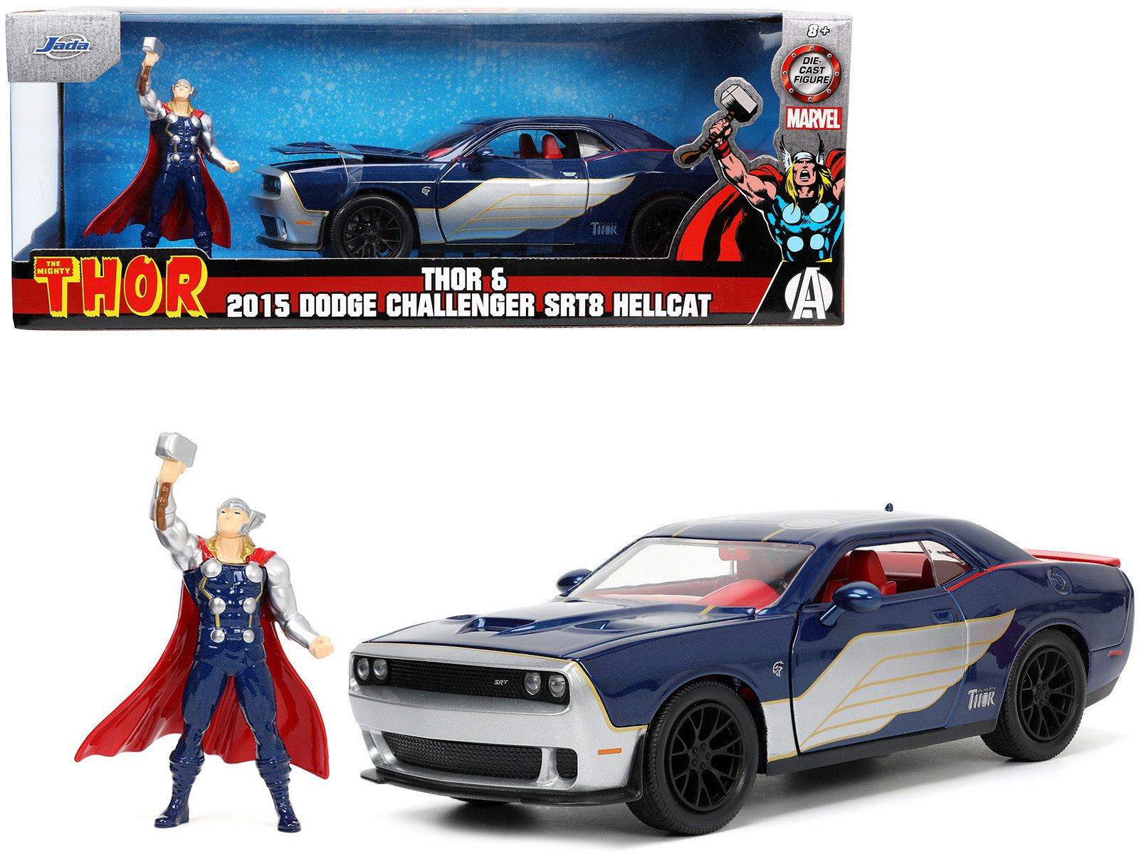 2015 Dodge Challenger SRT Hellcat Dark Blue with Graphics and Red Interior and Thor Diecast Figure "The Mighty Thor" "Marvel" Series 1/24 Diecast Model Car by Jada Jada