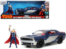 Load image into Gallery viewer, 2015 Dodge Challenger SRT Hellcat Dark Blue with Graphics and Red Interior and Thor Diecast Figure &quot;The Mighty Thor&quot; &quot;Marvel&quot; Series 1/24 Diecast Model Car by Jada Jada
