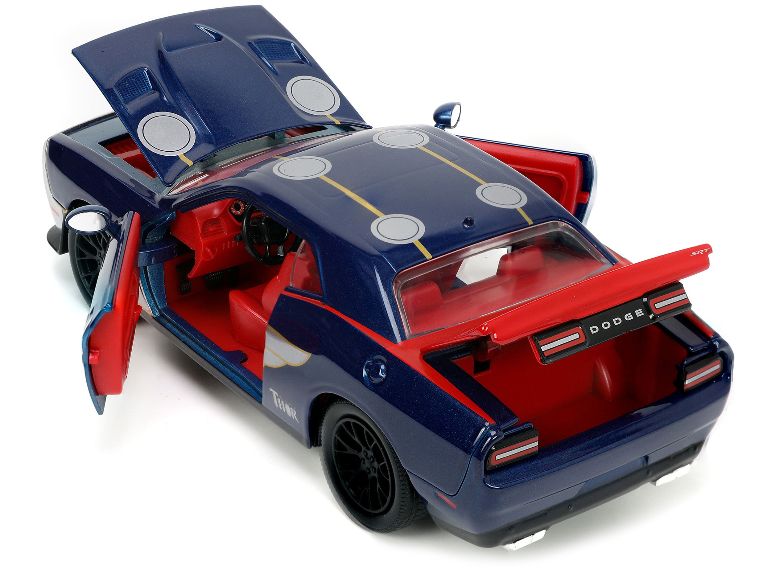 2015 Dodge Challenger SRT Hellcat Dark Blue with Graphics and Red Interior and Thor Diecast Figure "The Mighty Thor" "Marvel" Series 1/24 Diecast Model Car by Jada Jada