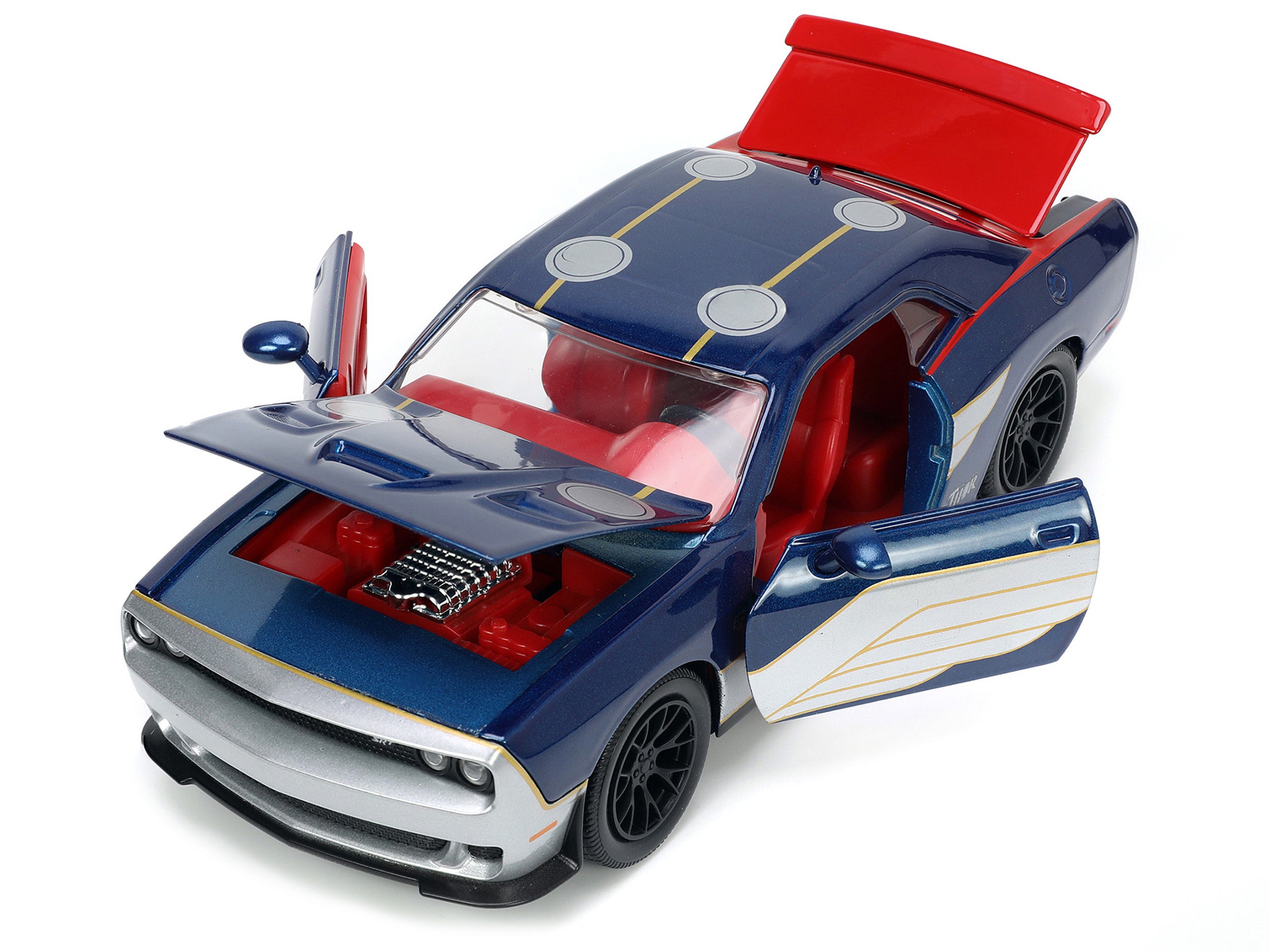 2015 Dodge Challenger SRT Hellcat Dark Blue with Graphics and Red Interior and Thor Diecast Figure "The Mighty Thor" "Marvel" Series 1/24 Diecast Model Car by Jada Jada