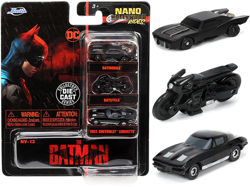 "The Batman" (2022) Movie 3 piece Set "DC Comics" "Nano Hollywood Rides" Series Diecast Model Cars by Jada Jada