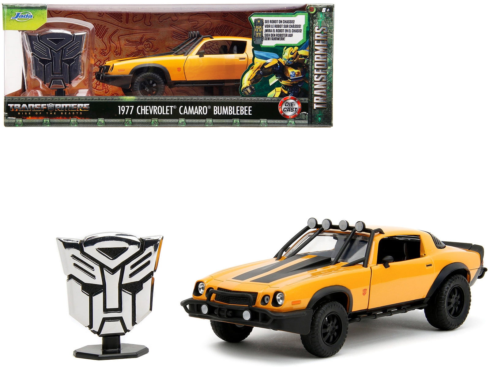 1977 Chevrolet Camaro Off-Road Version "Bumblebee" Yellow Metallic with Black Stripes and Transformers Logo Diecast Statue "Transformers: Rise of the Beasts" (2023) Movie "Hollywood Rides" Series 1/24 Diecast Model Car by Jada Jada