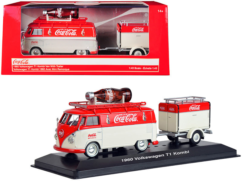 1960 Volkswagen T1 Kombi Van with Trailer Red and Cream "Coca Cola" 1/43 Diecast Model Car by Motorcity Classics Motorcity Classics