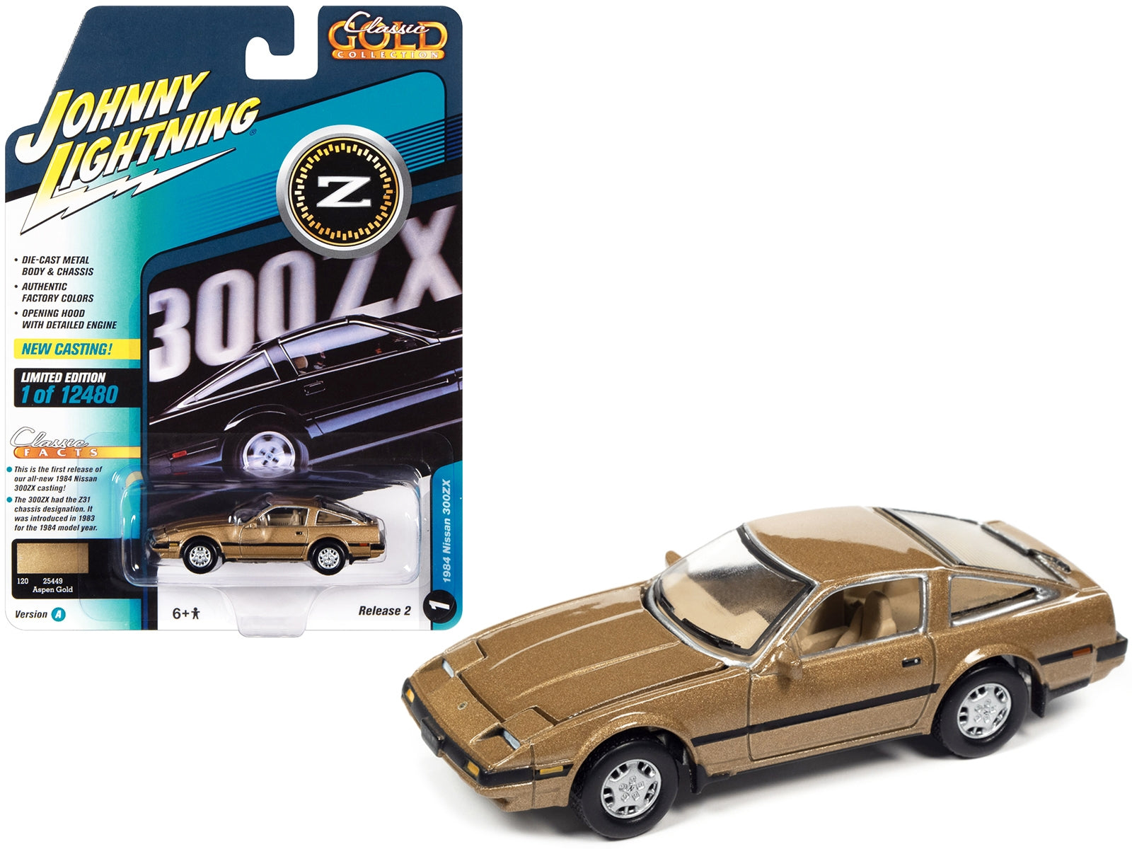 1984 Nissan 300ZX Aspen Gold Metallic with Black Stripes "Classic Gold Collection" Series Limited Edition to 12480 pieces Worldwide 1/64 Diecast Model Car by Johnny Lightning Johnny Lightning