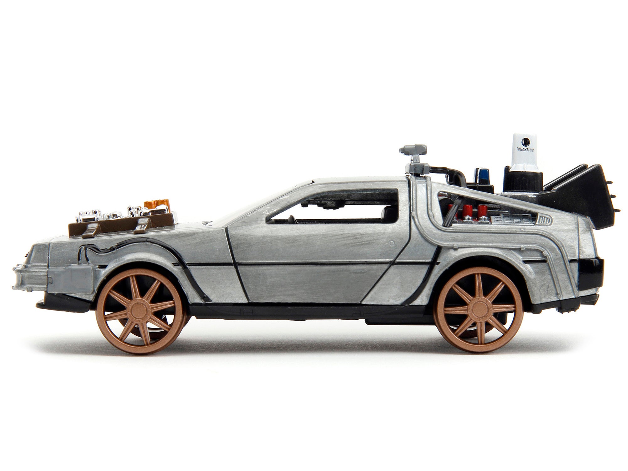 DeLorean DMC (Time Machine) Brushed Metal Train Wheel Version "Back to the Future Part III" (1990) Movie "Hollywood Rides" Series 1/32 Diecast Model Car by Jada Jada