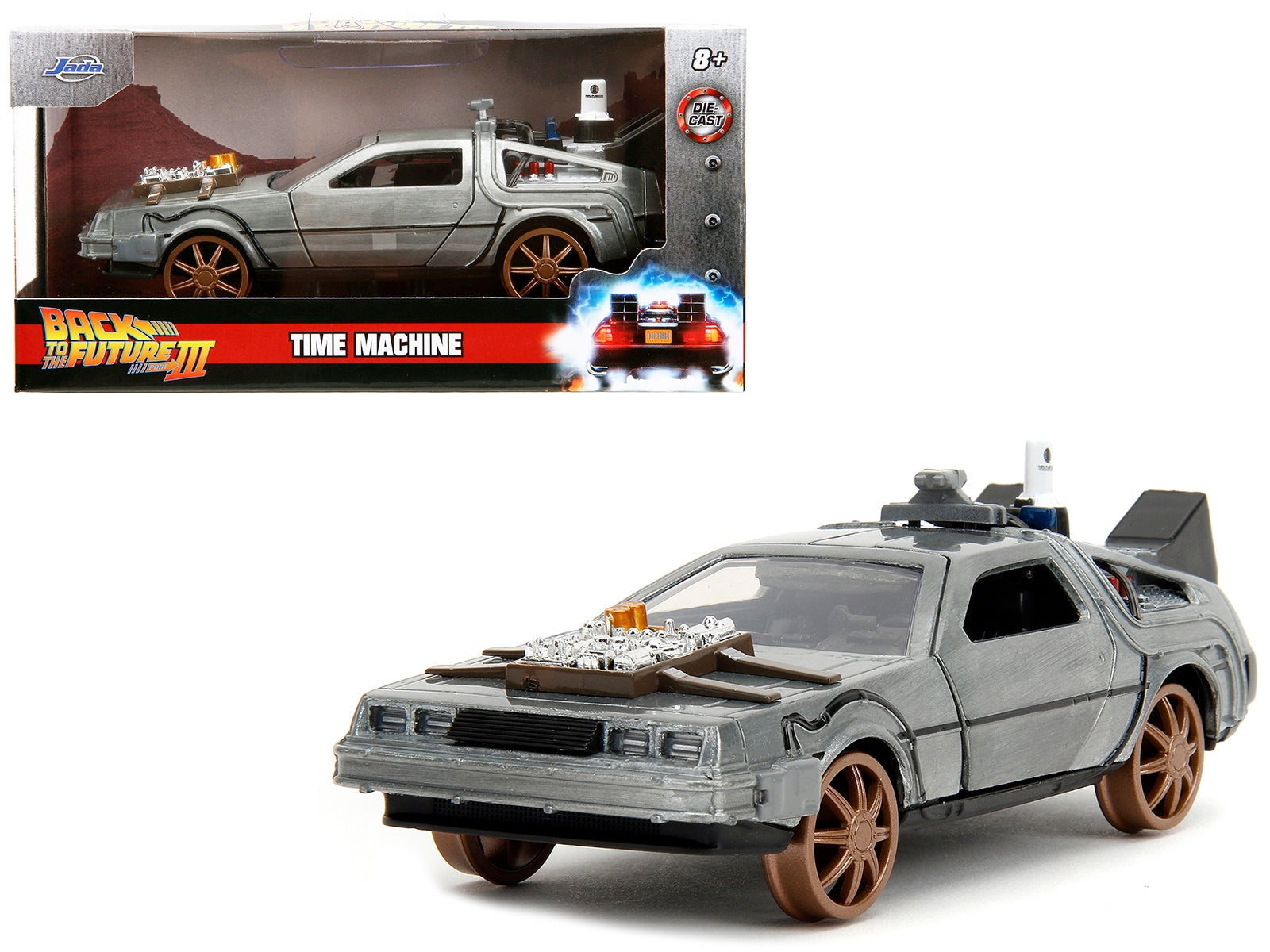 DeLorean DMC (Time Machine) Brushed Metal Train Wheel Version "Back to the Future Part III" (1990) Movie "Hollywood Rides" Series 1/32 Diecast Model Car by Jada Jada