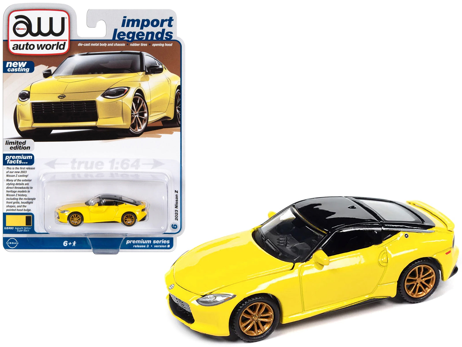 2023 Nissan Z Ikazuchi Yellow with Super Black Top "Import Legends" Limited Edition 1/64 Diecast Model Car by Auto World Autoworld