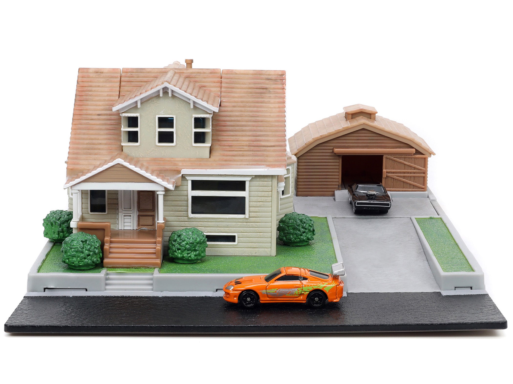 Toretto House Diorama with Dodge Charger Black and Toyota Supra Orange with Graphics "Fast and Furious" "Nano Scene" Series Models by Jada Jada