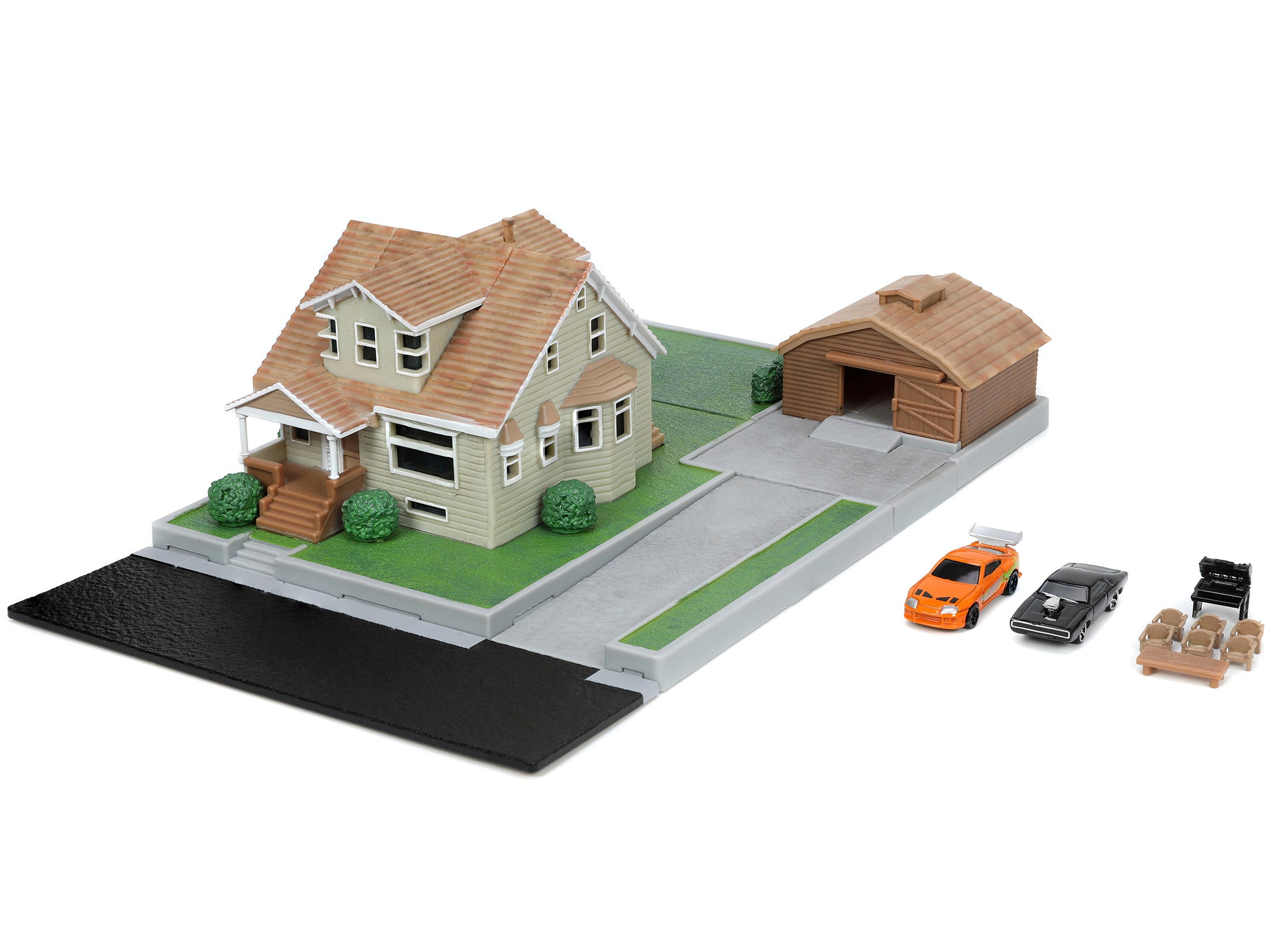 Toretto House Diorama with Dodge Charger Black and Toyota Supra Orange with Graphics "Fast and Furious" "Nano Scene" Series Models by Jada Jada