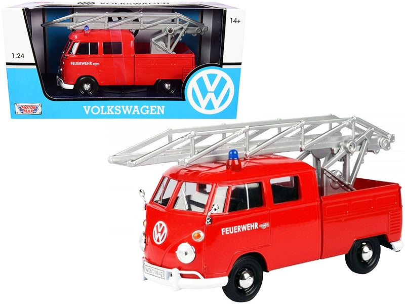 Volkswagen Type 2 (T1) Fire Truck with Aerial Ladder "Feuerwehr" Red 1/24 Diecast Model Car by Motormax Motormax