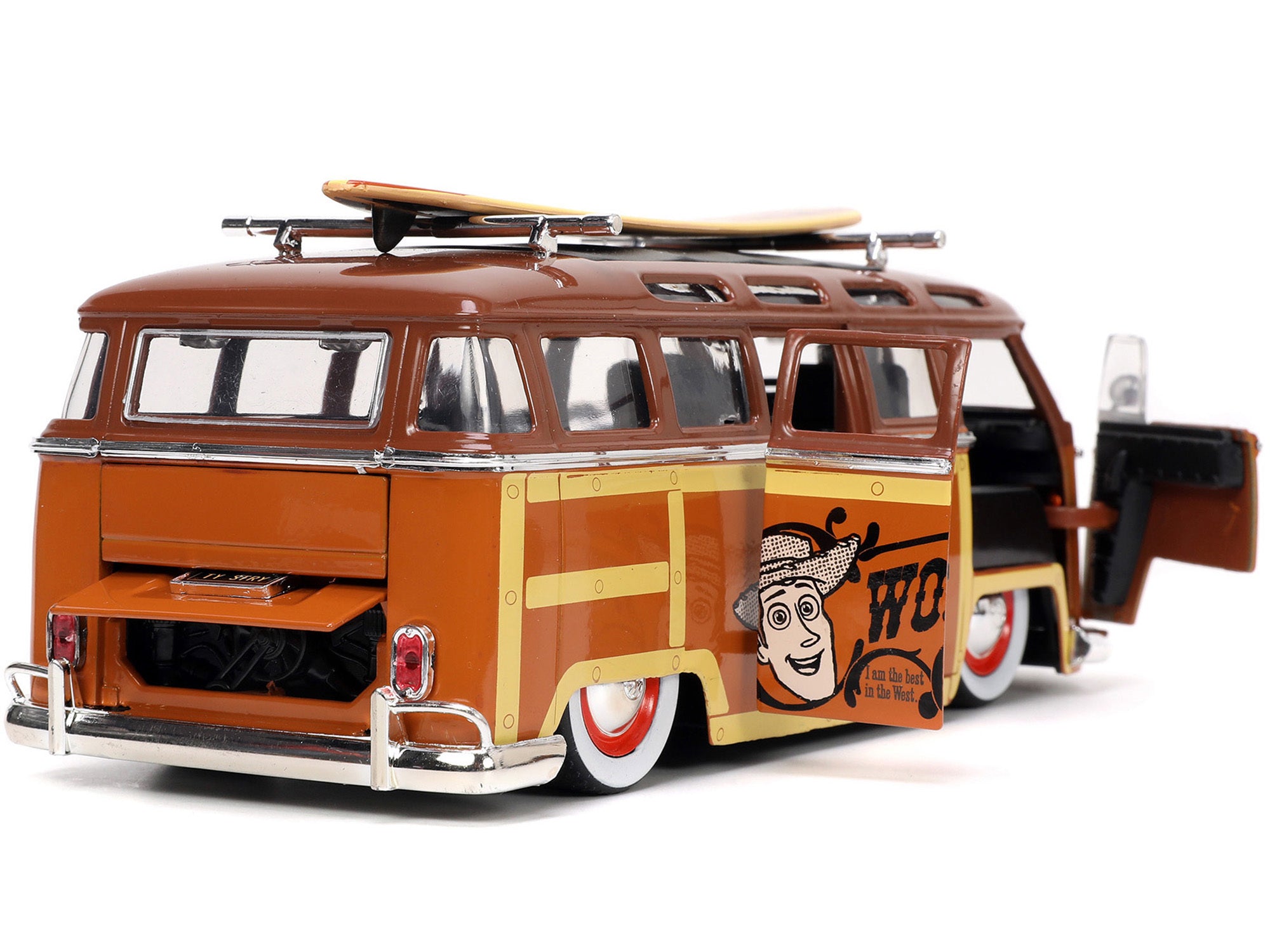 Volkswagen T1 Bus Brown with Graphics "Sheriff Woody" and Woody Diecast Figure and Surfboard "Toy Story" (1995) Movie "Hollywood Rides" Series 1/24 Diecast Model Car by Jada Jada